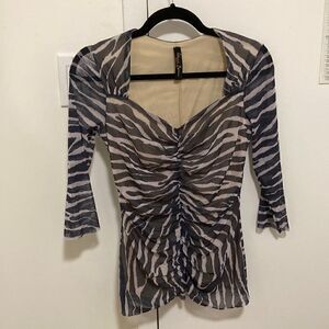 Elana Kattan Zebra Print Tulle Top with Sweetheart Neckline & Ruched front.